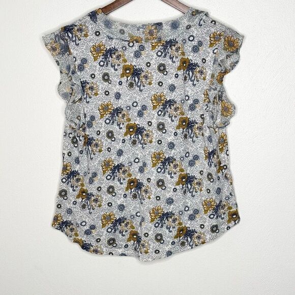 Lucky Brand Yellow Blue Floral Blouse Keyhole Flutter Sleeve - Women’s US L - Picture 2 of 8